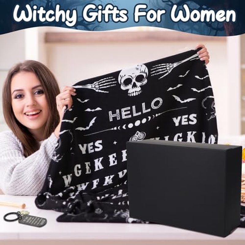7 Pcs Witchy Gifts for Women Gothic Ouija Blanket Astrology Witch Canvas Tote Bag Makeup Bag Glass Cup Necklace Witchy Stuff Spooky Favors Gothic Gifts for Women