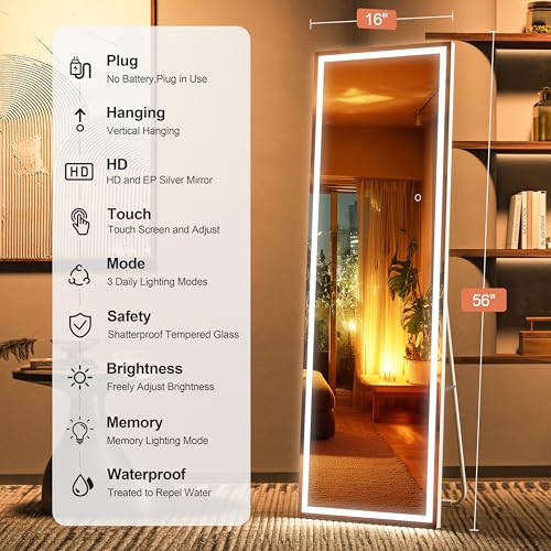 White Full Length Mirror with LED Lights, 56 x 16 Inches Dimmable & 3 Color Modes
