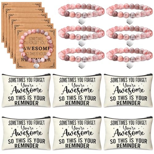 Tondiamo 6 Sets/18 Pcs Valentine Employee Appreciation Gifts Bulk for Women Include 6 Appreciation Heart Bracelets, 6 Cards 6 Canvas Makeup Bags for Women Staff Team Teacher Volunteer