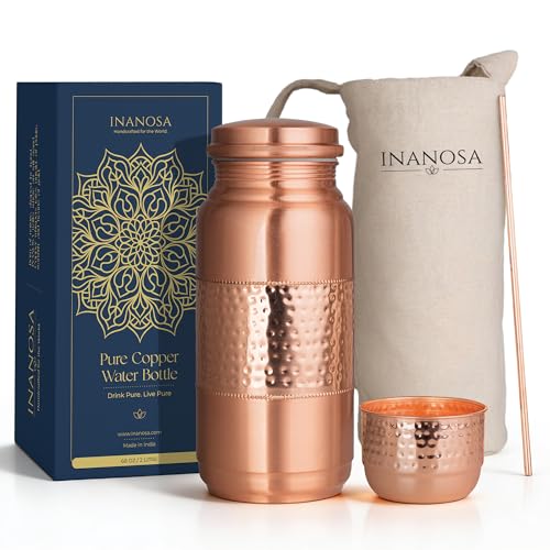 Inanosa 68 oz Copper Water Bottle Set with Cup Straw & Canvas Bag - Hand-Hammered Lab-Tested