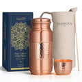 Inanosa 68 oz Copper Water Bottle Set with Cup Straw & Canvas Bag - Hand-Hammered Lab-Tested