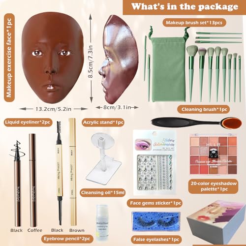 Black Silicone Makeup Practice Face Board Kit with Brushes & Eye Shadow