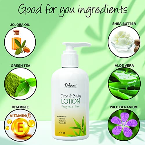 Delúvia 8oz Unscented Moisturizing Body & Face Lotion with Aloe Vera, Shea Butter, Jojoba Oil – Daily Hydration for All Skin Types