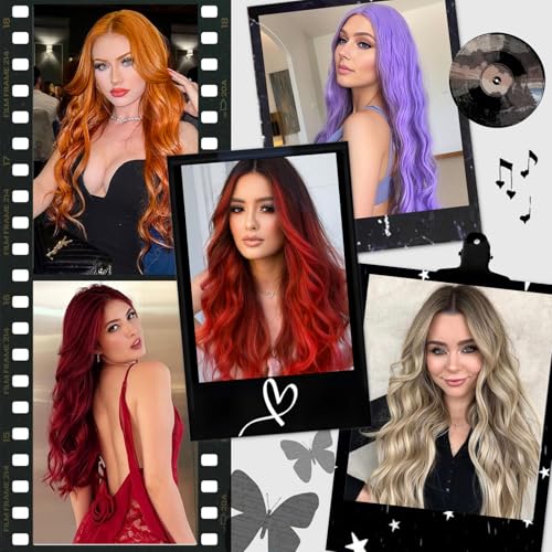Beelu Ombre Red Curly Lace Wig for Women 26 Inch Long Middle Part Synthetic Hair