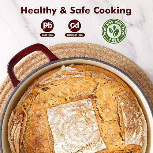 Enamel Cast Iron Dutch Oven Pot with Lid & Cotton Potholders - Burgundy Red, 6.5 Qt