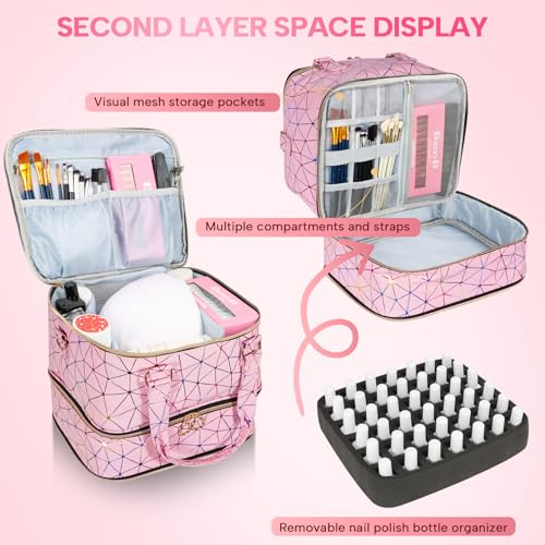 Nail Polish Organizer Bag Holds 84 Bottles & Nail Lamp, 3 Layers Nail Kit Storage Carrying Case Pu Leather, Large Nail Supplies Organizer With Shoulder Strap, Portable Travel Nail Bag,Pink