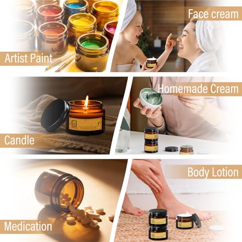 2 oz Amber Glass Cosmetic Jars with Black Metal Lids & Liners - Refillable, Airtight, Travel-Ready Set of 12
