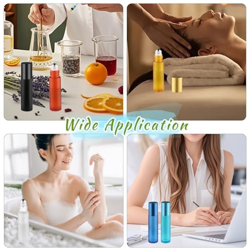 20 Pcs 10ml/0.34oz Frosted Glass Bottle Refillable Roller Bottles with Stainless Steel Roller Balls & Aluminum Screw Caps for Perfume Essential Oil Lip Gloss Travel - Multicolor