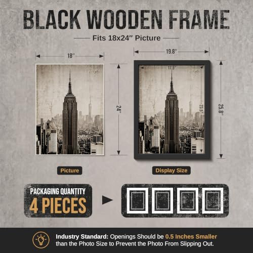 VCK 18x24 Black Picture Frames 4 Pack - Wide Thick Wood Borders, Easy Load Poster Frames