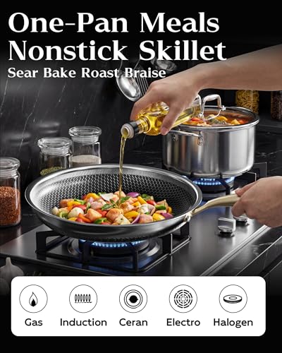 8-Inch Nonstick Frying Pan with Lid Honeycomb Surface PFAS-Free All Cooktops
