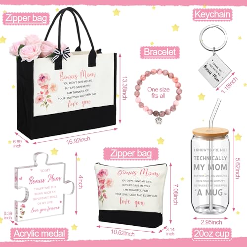 6 Pcs Bonus Mother Gifts Birthday Thank You Appreciation Gifts Set Include Tote Bag Makeup Bag Glass Cup Acrylic Medal Keychain and Bracelet Present for Bonus Mother Mom Mother's Day