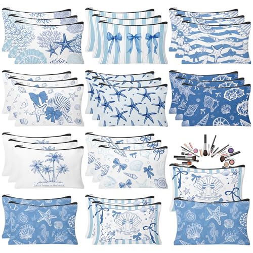 Ocean Variation Coastal Makeup Bags 30 Pack Blue Seashell & Bow Cosmetic Pouches