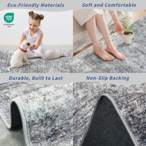3x20 ft Non-Slip Washable Hallway Runner Rug - Blue Grey Modern Low Pile