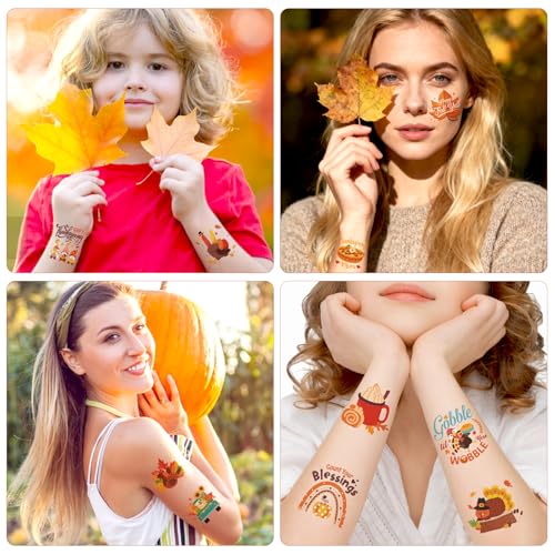 Konsait Thanksgiving Temporary Tattoos, 96Pcs Perforated Give Thanks Pumpkin Turkey Tattoos, Thanksgiving Goodie Bag Stuffers & Accessories, 24 Design