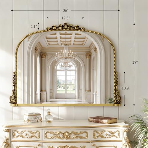 Vintage Gold Arched Baroque Wall Mirror - 28x36 Inch Elegant Frame with HD Tempered Glass