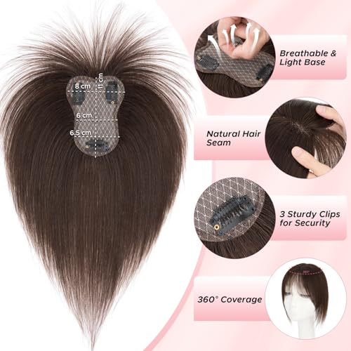 Human Hair Topper with Wispy Bangs for Women - 3.14x4.33 inch Clip-In Volume Enhancer Dark Brown #B-02