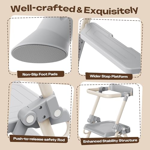 Kids Toddler Step Stool with Safety Railing & Anti-Slip Design - Foldable Kitchen & Bathroom Helper