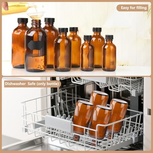 8 oz Amber Glass Boston Round Bottles Pack of 12 with Black Poly Cap - Homemade Extract & Essential Oil Storage