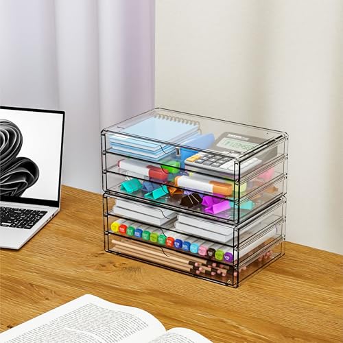 Large 6-Drawer Acrylic Storage Organizer Set - Stackable Desk & Makeup Drawers - 2 Pack