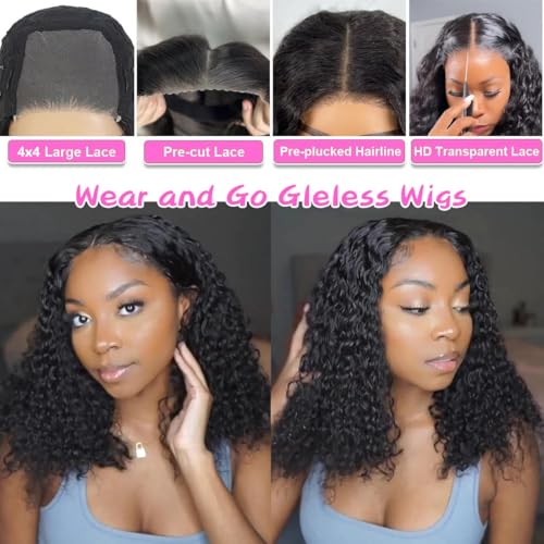 Glueless Human Hair Curly Bob Wig 10 Inch Deep Wave Pre Plucked Natural Black