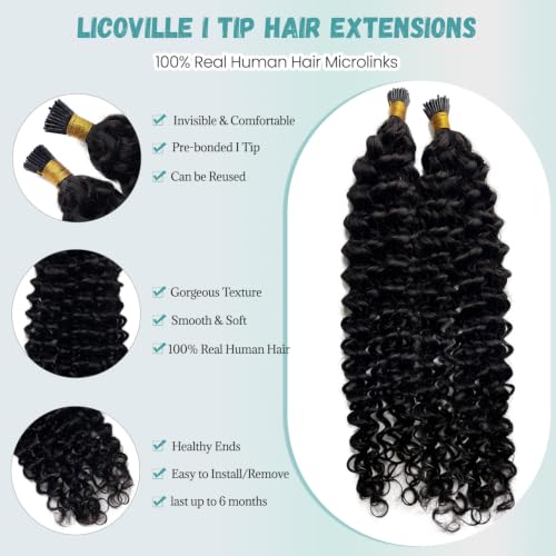 Licoville Water Wave I Tip Hair Extensions 22 Inch Natural Black Remy Human Hair - #WW / 50g