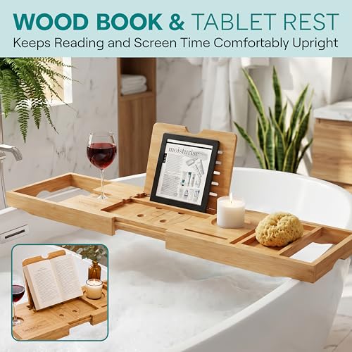 SereneLife Natural 2-in-1 Foldable Bamboo Bath and Bed Tray with Adjustable Length