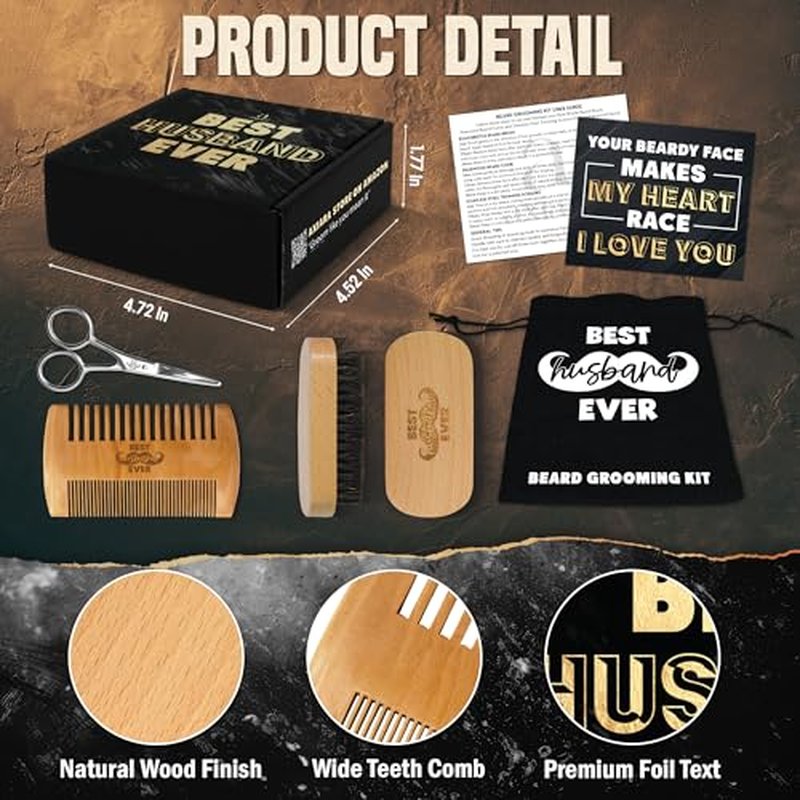 Husband Gifts for Him - Beard Kit for Men Grooming and Care with Brush, Comb, Scissors & Storage Bag - Husband Birthday Gift Ideas, Anniversary Retirement Birthday Gifts for Men