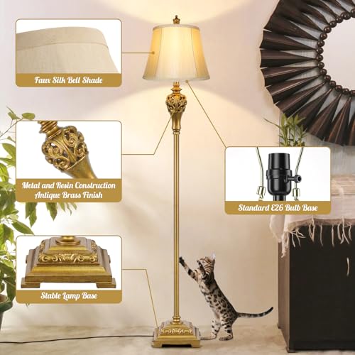 Vintage Floor Lamp with Cream Faux Silk Shade - Tall Standing Brass & Resin Design, 63.8in, Cream & Brass Variation