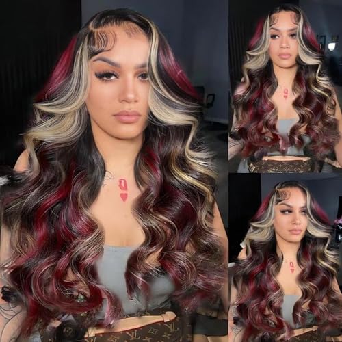 EVLYNN 26in 13x4 HD Lace Front Wig - Black Red with Blonde Highlight, Pre-Plucked, Baby Hair, Wavy Skunk Stripe