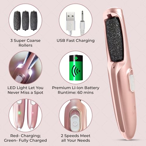 Powerful Electric Callus Remover Wand ? Rechargeable Foot File, Grinder & Scrubber - Removes Dead, Hard Skin & Calluses ? Best Pedicure Tool for Soft, Smooth Feet for Men & Women (Rose Gold)