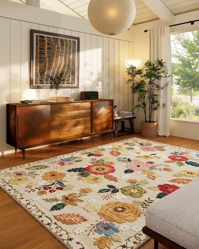 Beige Floral 8x10 Area Rug - Washable Non-Slip Bedroom Living Room Carpet