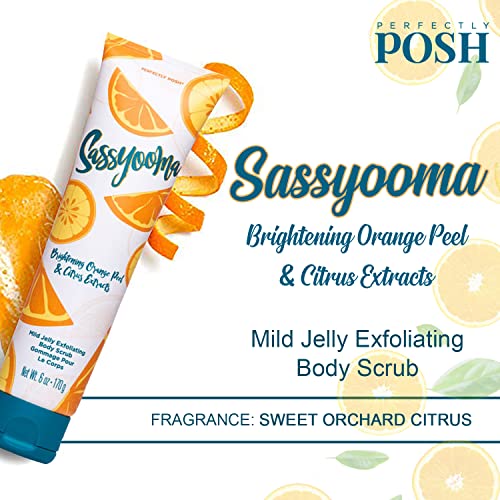 Perfectly Posh - Sassyooma Mild Jelly Exfoliating Body Scrub - Gentle Citrus Body Exfoliator with Fruit Peels and Sweet Citrus Scent - 170grams