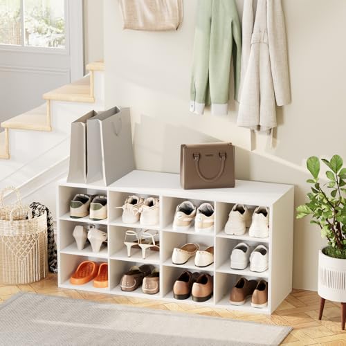 12-Cubby Shoe Rack 3-Tier Wood Organizer Bench - White, Multifunctional Entryway Storage