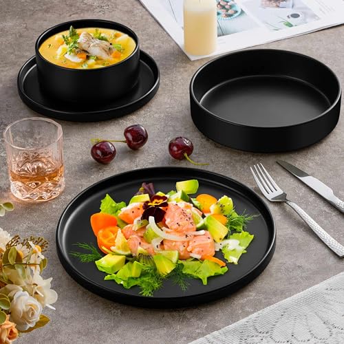 Herogo Matte Black 16-Piece Dinnerware Set for 4 - Includes 4 Dinner Plates, 4 Salad Plates, 4 Pasta Bowls & 4 Cereal Bowls