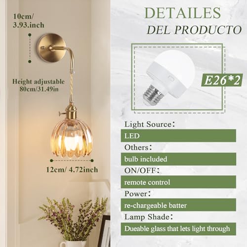Tulip Amber Battery Operated Wall Sconce Set of 2 - Wireless Dimmable RGB Lamps with Remote