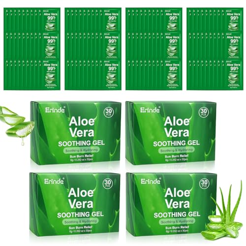 Erinde C-120 Pack Travel Aloe Vera Gel for Face Hair & Body, After Sun Relief, 99% Pure, Portable Travel Sachets