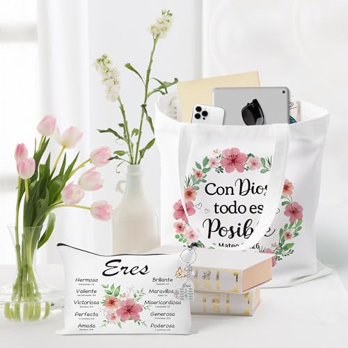 Y1tvei Spanish Christian Gifts For Women - 3Pcs Con Dios Todo Es Posible Spanish Bible Verse Canvas Tote Bag with Keychain Inspirational Christian Religious Makeup Bag Spiritual Catholic baptism Gifts