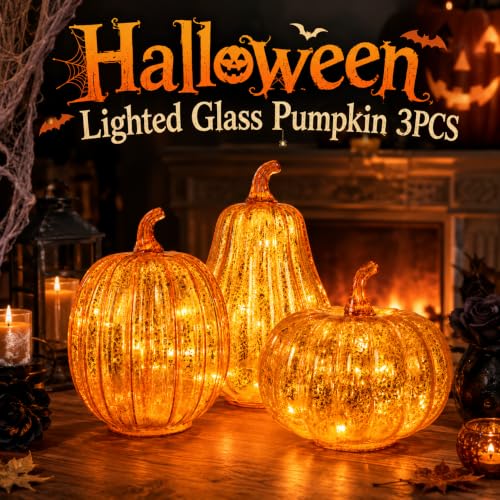 Gold Mercury Glass Pumpkin Lights - 3PCS Halloween Fall Decor with Timer