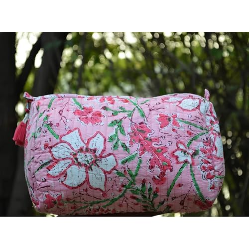 INDACORIFY 100% Cotton Block Print Cosmetic Toiletry Bags Boho Beauty Toiletry Kits Travel Case Pouch for Women's Printed Cotton Tote Bag (Pattern- 28)