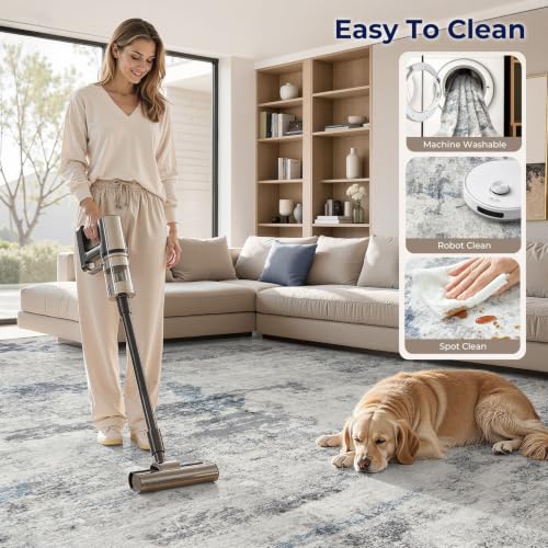 9x12 Grey Blue Washable Abstract Area Rug for Living Room - Non Slip, Ultra Thin, Easy Care