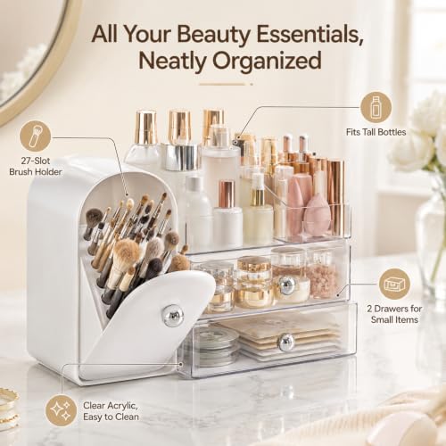 Large Makeup Organizer with 27 Brush Slots and Drawer Storage
