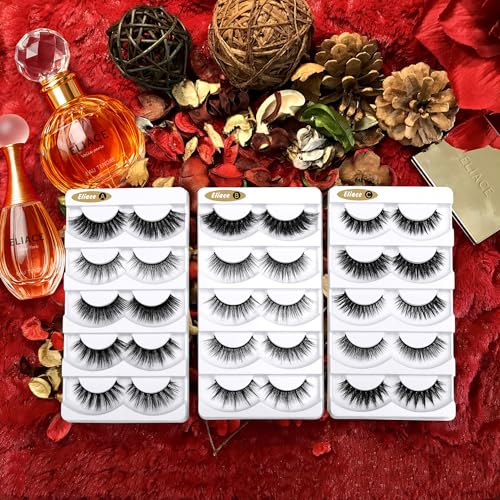 Eliace 3D Mink Lashes Natural Look 15 Mixed Styles 15 Pairs Fake Eyelashes Bulk Pack Handmade Luxurious Volume Fluffy Natural False Eyelashes Comfortable and Soft Strip False lashes for Women
