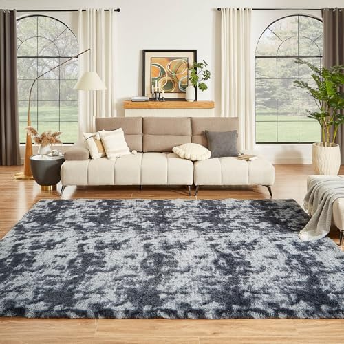 Floralux 8x10 Tie-Dyed Dark Grey Shag Rug - Ultra Soft Large Bedroom & Living Room Floor Carpet