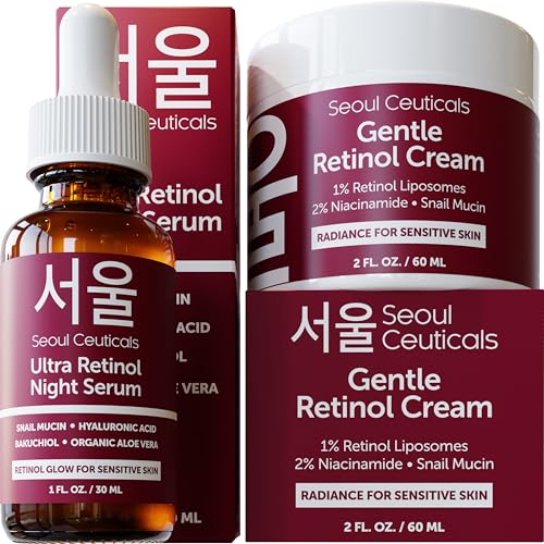 Korean Retinol Night Serum & Cream Set with Snail Mucin for Sensitive Skin