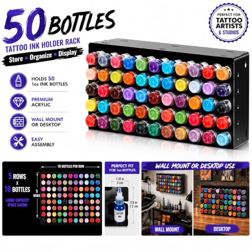 Tattoo Ink Bottle Holder Rack for 50 1oz Bottles Wall Mount & Desktop Organizer