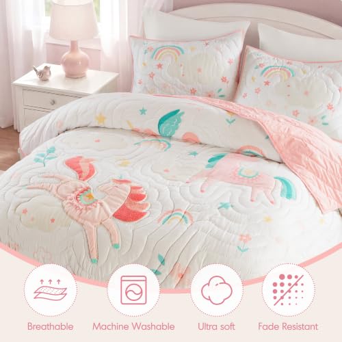 Kids Unicorn Quilt Set Full/Queen Pink 3-Piece Girls Bedding Whimsical Decor