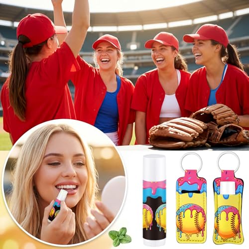 Softball Ice Cream Drip Lip Balm Keychain Set - 18 Portable Lipstick Holders