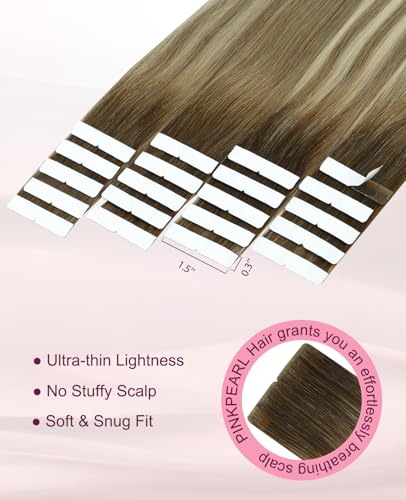 Pinkpearl Invisible Tape in Hair Extensions - 20pcs 20 Inch Balayage Walnut to Ash & Blonde