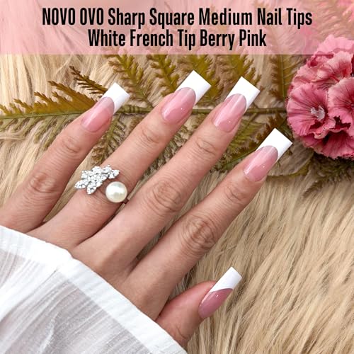 NOVO OVO Sharp Square White French Tip Nail Tips Berry Pink Set – Medium, 15 Sizes, Thick Soft Gel Fake Nails for Salon & DIY