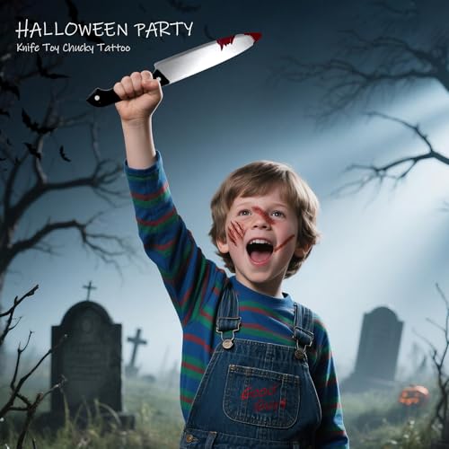 Halloween 12.2" Fake Knife Prop & 10 Sheets Realistic Fake Stitches Temporary Tattoo Set, Horror Chucky Costume Zombie Vampire Makeup Prank Props Cosplay Accessories for Kids Adults